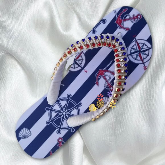 Women's Luxury nautical flip flops, with crystals and rhinestones, all occasions - Picture 5 of 17